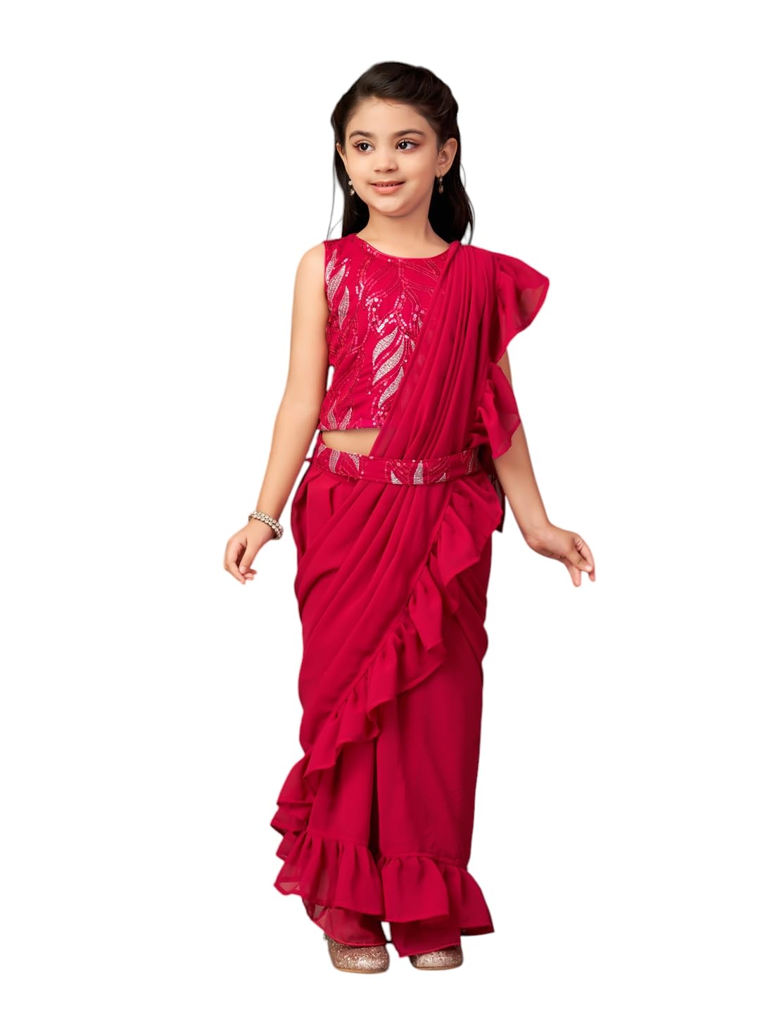 Aarika Girls Ethnic Wear Rani Colour Sequin Embroidery Georgette Lehenga Choli Set With Attached Dupatta-(Lch-Shm-5019-Rani-34)-(4-13 Years)