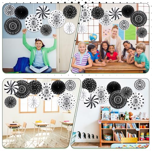 Image of 18 Pcs Black White Round Hanging Paper Fans,Back to School Paper Fans,Polka Dot Classroom Decor,Round Garlands Bulletin Board Decorations for Party Supplies Classroom Decor