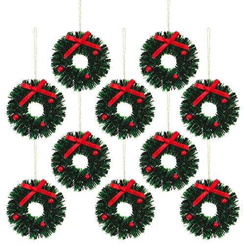 10 Pieces Mini Artificial Christmas Wreaths Ornaments Dollhouse Miniature Christmas Wreath Doll House Mini Xmas Wreath for Dollhouse Door Windows Christmas Tree Decoration (Red Bowknot)