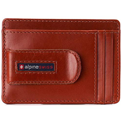Image of Alpine Swiss RFID Dermot Money Clip Front Pocket Wallet For Men Leather Hampton Collection Glossy Nappa Tan