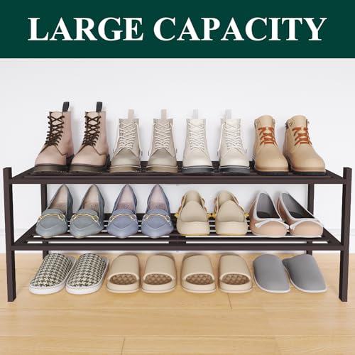Image of Smiry Bamboo Shoe Rack, 5 Horizontal Slats, 2 Tier - 33.9 inch Wide, Brown