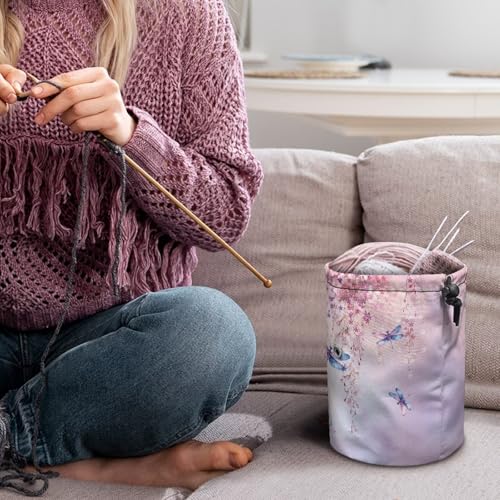Image of Sellikakes Small Yarn Bag, Dragonfly Cherry Knitting Crochet Bag Organizer, Portable Knitting Bag, Yarn Holder for Crochet Project Knitting & Crochet Needle Accessories