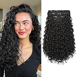 FLUFYMOOZ Clip in Hair Extensions, 18'' 4PC 100％ Pure Protein Silk Curly Hair extension for Women Lace Weft Hairpiece Natural Soft and comfortable for Daily Use-Black Brown