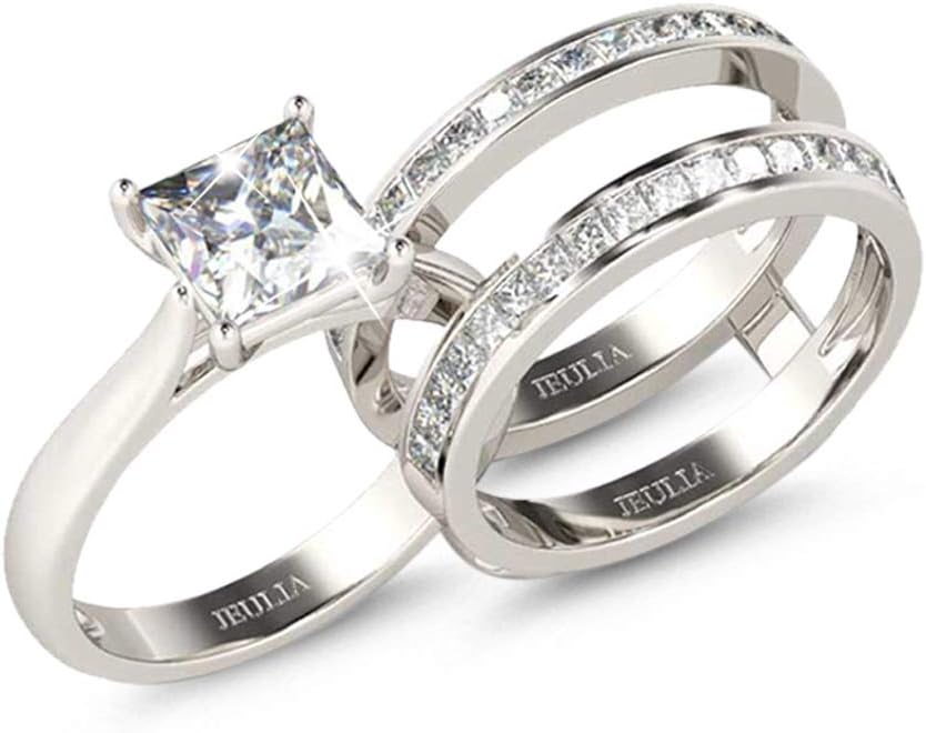Jeulia 4.37 Carat Engraved Pricess Cut Cubic Zirconia Engagement Ring Diamond Wedding Bands for Women CZ Solitaire Sterling Silver Anniversary Bridal Promise Rings Set - Image 2