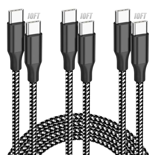Image of KYEHD USB C to USB C Cable, 3 Pack 10FT 60W Type C Nylon Braided Charger Cord Fast Charging for iPhone 17 16 15 Series iPad MacBook CarPlay and More (Black)