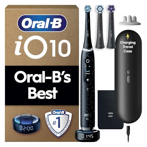 Oral-B iO10 Electric Toothbrushes Adults, Gifts For Women / Men, 1 Handle, 3 Toothbrush Heads, Charging Travel Case, Toothbrush Head Holder, 7 Modes, 2 Pin Plug, Cosmic Black, Oral B IO Toothbrush