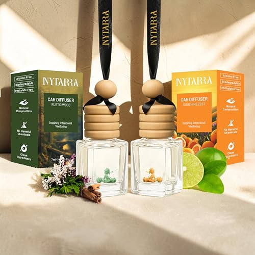 Image of Nytarra Car Perfumes Luxury Combo - Rustic Woods & Sunshine Zest | No-Alcohol & Long-Lasting Car Fragrance Diffuser, Best Car Air Freshener, Premium Car Scent Hanging Pod