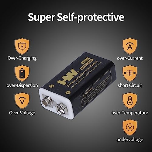 HW 9V Battery for Smoke Detector, 9V Rechargeable Lithium Batteires, 4 Pack USB Type-c 9 Volt Rechargeable Batteries, 1.5 H Fast Charge 1000 Cycles with Long Last for Smoke Detectors and Microphone image 4