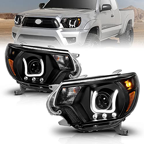 AmeriLite for 2012-2015 Toyota Tacoma Clear Black U-type LED Bar Projector Replacement Headlights Assembly Set - Passenger & Driver Side