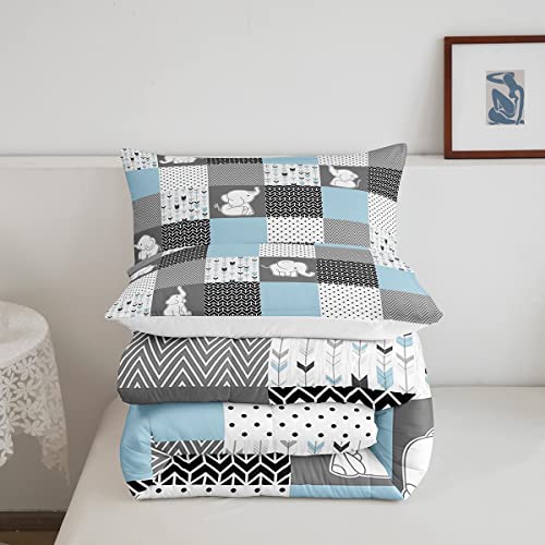 Cute Elephant Comforter For Boys Kids Girls Blue Grid Comforter Set Full Size Home Decor Soft Lovely Animals Bedding Set Wavy Stripes All Season Teens Bedroom Down Duvet,1 Comforter With 2 Pillowcase #TOP4