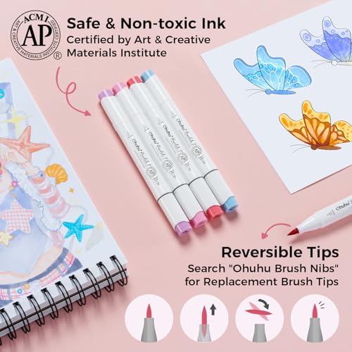 Image of Ohuhu Alcohol Markers Brush Tip: Brush& Soft Chisel 60 Illustration Colors Dual Tips Alcohol-based Art Marker Set for Artist Adults Coloring Illustrations- Honolulu S- Refillable | Dual Tips Art Markers for Artists Adults Coloring Illustration Drawing, AP Certified Refillable Alcohol-based, Honolulu 2S