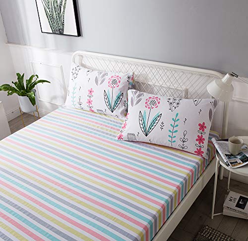 Image of 100% Soft Cotton Fitted Sheet Twin Size Deep Pocket Colorful Striped Wrinkle Free,1 Piece Cooling Bed Sheet Comfortable Kids Gingham Bedding Collection Twin Bed Sheet,Rainbow Sheet Twin