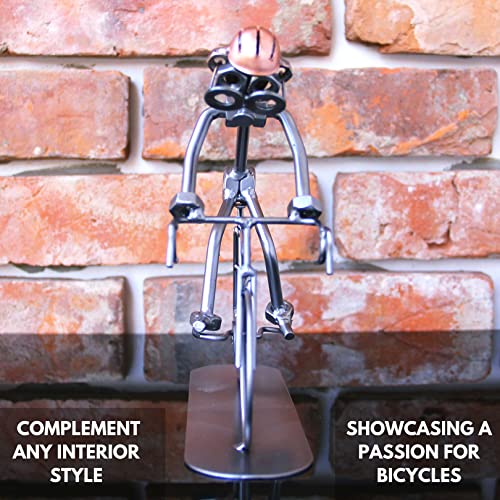 Novecrafto Steel Bike Sculpture Recycled Cyclist Figurine For Decor Made From Nuts And Bolts 6.6'' High | Cycling Statue Iron Gift #TOP6