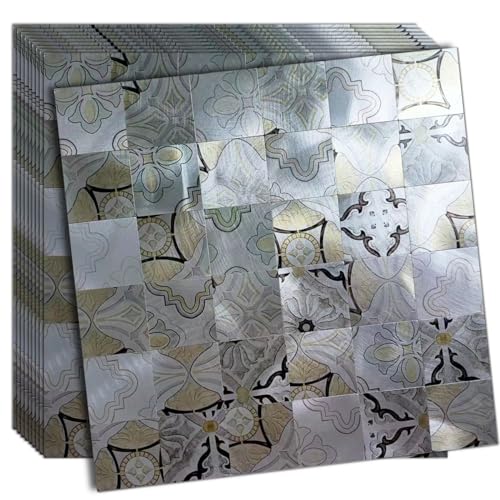 WEIMEISC 10 pcs Peel and Stick Tile Backsplash,Metal Subway Tile Stick on Kitchen Wall Bathroom (4-Color Printing)