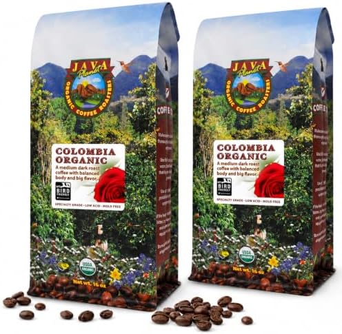 Java Planet Low Acid Coffee, Organic Colombian Single Origin: Whole Bean Medium Dark Roast - Smooth Full Flavored Coffee Bean, Two 1LB Bags