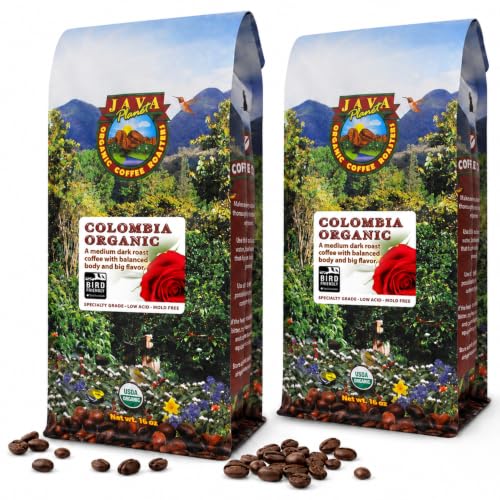 Java Planet Low Acid Organic Colombian Whole Bean Coffee 32oz (2pack) | Certified USDA Organic Arabica Coffee Beans. Low acid, mold tested. Bird Friendly. Medium dark roast, two 1-pound bags.