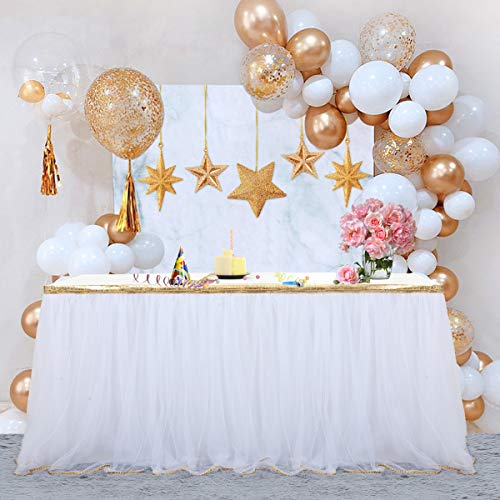 Hb Hbb Magic 9 Ft White Table Skirt With Gold Sequin Tulle Table Skirt For Bridal Shower Wedding Baby Shower Birthday Party #TOP5