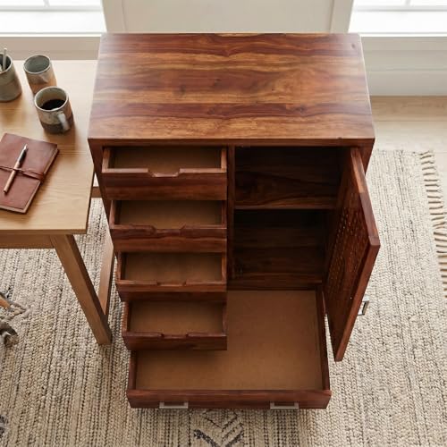 Image of Amazon Brand - Solimo Solid Sheesham Wood Truva Sideboard Cabinet with 5 Drawers & 1-Door Storage | Storage Cabinet for Living Room, Kitchen & Bedroom Organizer Chest of Drawers (Honey Finish)
