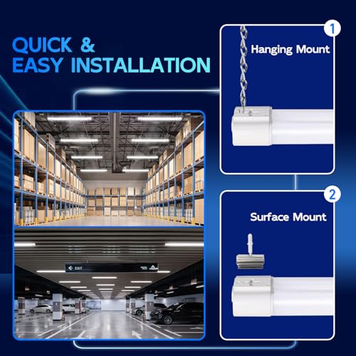 hykolity 2 pack 4ft linkable led shop light for garage 4400lm 4ft 42w 5000k daylight led workbench light fixture with plug hanging or surface mount white - etl