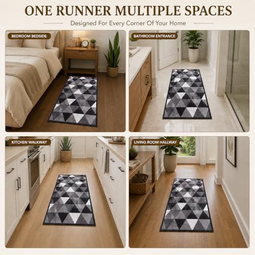 Image of Matz&More Anti Slip Runner Floormat, 50x120cm, Carpet for Bathroom, Bedside, Hallway, Living Room Dining Room, Geometric Grey Black