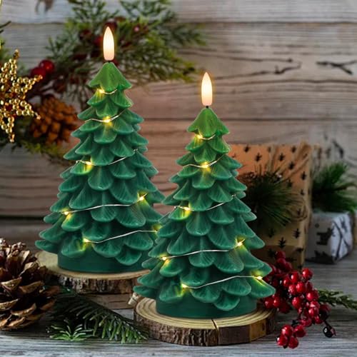 Image of Wondise Christmas Tree Flameless Candles with String Lights 11-Key Remote and Timer, Real Wax Battery Operated 3D Wick LED Flickering Candles for Christmas Holiday Indoor Dinner Decor(3 inch x 7.1 inch)