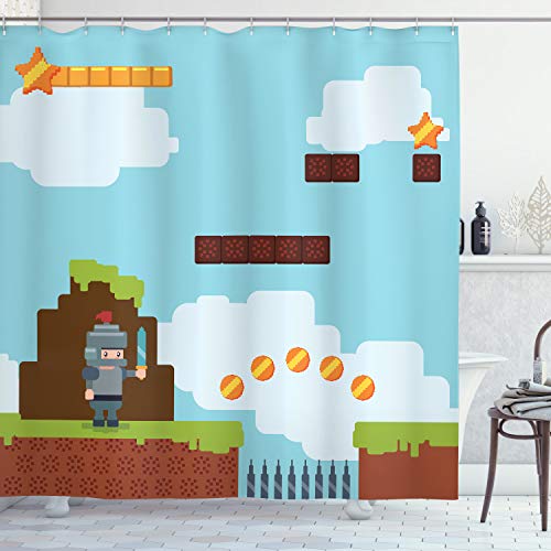 ABAKUHAUS Jeux vidéos Rideau de Douche, Arcade Chevalier 90, Tissu Ensemble de Décor de Salle de Bain avec Crochets, 175 x 200 cm, Multicolore