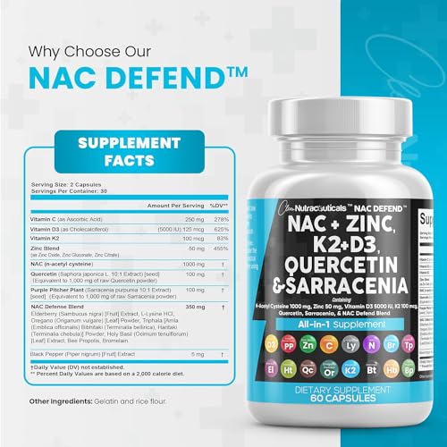 Clean Nutraceuticals NAC Supplement N-Acetyl Cysteine 1000mg Vitamin D3 K2 Zinc Quercetin 1000mg Sarracenia Purpurea 1000mg with Elderberry Holy Basil Bee Propolis Bromelain L-Lysine - 60 Count - Image 5