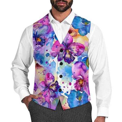 Watercolor Orchid Floral Novelty Men's Suit Vest Casual Formal Dress Vests Business Waistcoat