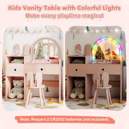 Image of HONEY JOY Kids Vanity with Lights, Rabbit Themed Princess Makeup Dressing Desk, Storage Cabinet, Wooden Pretend Play Toddler Vanity Table & Chair Set with Lighted Mirror for Little Girls (Pink)