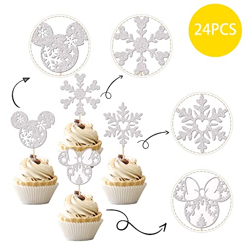 24 Pcs Minnie Mouse Inspired Snowflake Cupcake Toppers Silver Glitter Snowflake Cupcake Picks For Winter Wonderland Theme Baby Shower Birthday Merry Christmas Party Cake Decorations Supplies #TOP2