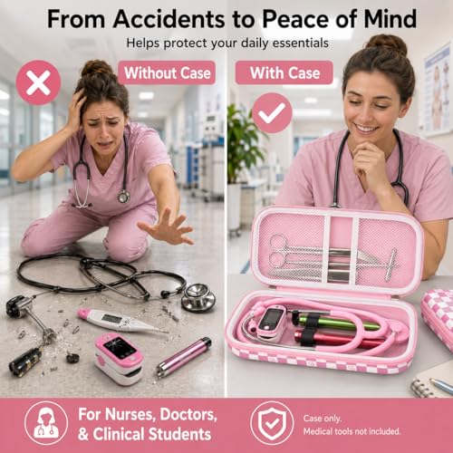 Image of ALKOO Stethoscope Case for 3M Littmann Classic III /Cardiology IV, PinkCheck | for MDF Acoustica Stethoscopes, for Nurses, Doctors, Nursing School Essentials, Students, Clinic, EMS, Travel, Hard Bag Only