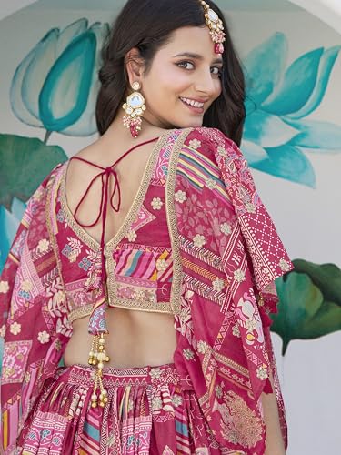 Image of Women's Digital Print With Zari Dori Embroidery Work Chinnon Silk Lehenga Choli With Dupatta (Women-Lehenga-Choli-New; Free size)