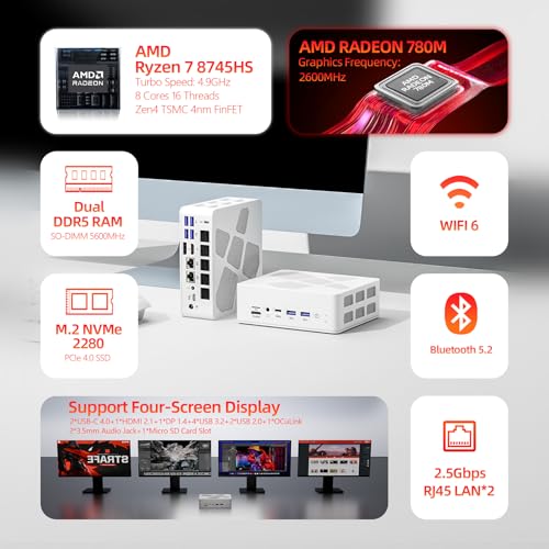 Image of Mini PC Gaming OCuLink, AMD Ryzen 8745HS, Up to 4.9GHz 8C /16T, Radeon 780M, 32GB DDR5 1TB PCIe 4.0, TF Card Slot, USB-C 4.0, 8xUSB, 2x2.5Gbps, WiFi6, Bluetooth5.2, Mini Server Desktop Computer