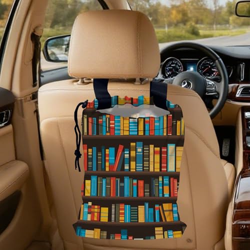 Image of Cartoon Bookshelf Car Trash Bag, Strap Drawstring Car Garbage Bags,Car Back Seat Organizer with Adjustable Buckle for Car Accessories