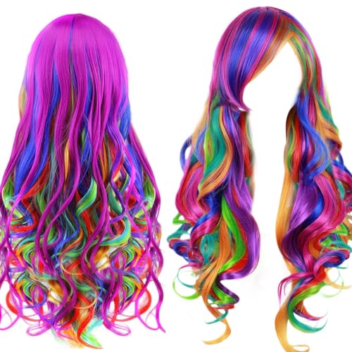 MQIAN Parrucca Arcobaleno, Parrucca Donna Carnevale, 70 cm Parrucche Carnevale, Parrucche Colorate, Parrucca Lunga Arcobaleno, Parrucca Riccioli Lunghi Colorati per Cosplay Carnevale