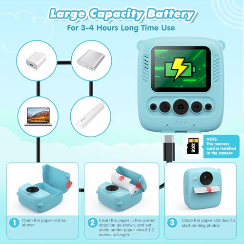 CalineGam Kinderkamera Sofortbildkamera, 48MP Sofortbildkamera Kinder mit 32GB Karte & Druckpapier, 1080P Digitalkamera Kinder, Geschenke für Jungen und Mädchen 3-12 Jahre (Blau)