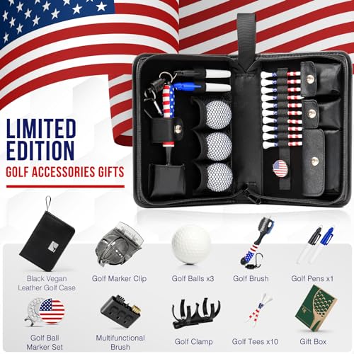 Golf Patriot Fathers Day Dad Gifts for Men from Daughter Son Wife - Golf Accessories Set include Golf Balls, Golf Tees, Golf Club Brush, Golf Ball Clamp, Ball Marker Set, Golf marker Clip & Pens