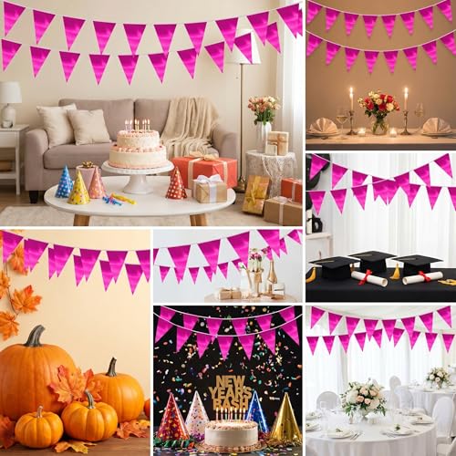 Image of 130FT Rose red Triangle Pennant Banner Flag Metallic Fabric Bunting Garland for Christmas Graduation Wedding Engagement Anniversary Bachelorette Birthday Bridal Shower Valentines Hen Party Supplies