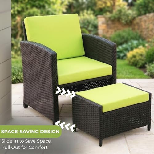 Image of DEVOKO Valencia Outdoor 5 Piece All Weather Rattan Wicker Patio Sofa Set with Water Resistant Cushioned Chairs with Glass Top Table & Ottomans for Garden, Pool, Porch, Backyard (Black & Light Green)