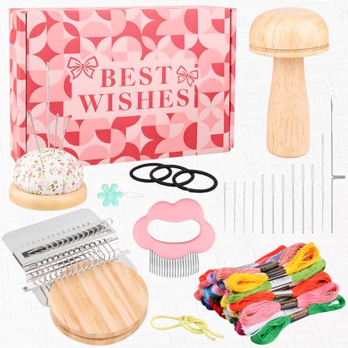 OrbitShell Mini Darning Loom Mushroom Knit Patch Kit Weft Comb 50 Colors Thread & 12 Needles Speedweve Patchmaker Weaving Loom for Mending Jeans Socks Clothes Repair DIY Gifts for Craft Beginners