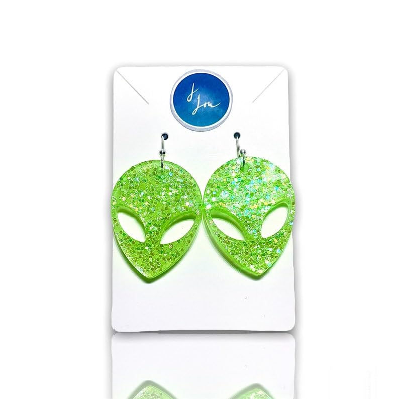 Glow In The Dark Alien Earrings, Blacklight Reactive Women Rave Festival Accessories, Sterling Silver Statement Jewelry, Cute Gift For Her (Glitter)