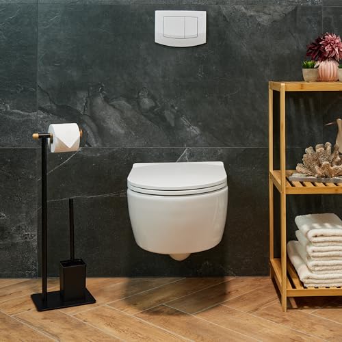 Image of Relaxdays WC Set, Bamboo, Stainless Steel, Free-Standing, incl. 2 Spare Heads, Toilet Roll & Brush Holder, Black /Natural, 64.5 x 22 x 18 cm