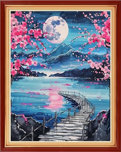 Image of Foxhool Stamped Cross Stitch Kits,11CT Printed Cross Stitch Pattern Full Embroidery Kits for Beginner Needlepoint Kits-Moonlit Peach Blossoms 16x20 inch