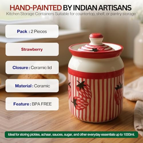 Image of Strawberry Printed Ceramic Handglazed Pickle Jars Set of 2-1000 ML Each | 1 kg Achaar Martban Barni Jar with Lid | Ceramic Storage Jar Container Pickle, Chatney