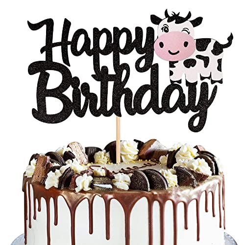Xsstarmi 1 PCS Cow Happy Birthday Cake Topper Glitter Farm Animals Birthday Cow Cake Pick Cake Decorations for Cow Theme Baby Shower Kids Boys Girls Birthday Party Supplies