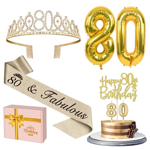 80th Birthday Decorations for Women Gold with 80th Birthday Sash and Tiara, Cake Topper and Candles, Number Balloons, 80 Year Old Gifts for Women
