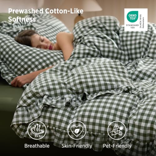 Image of Bedsure Gingham Ruffle Duvet Cover Set, Queen, Cotton-Like Bed, Olive Green