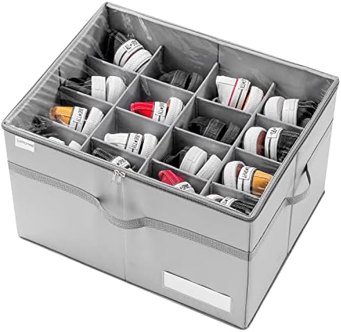 LUVHOMEE Shoe Organizer for Closet, Fits 16 Pairs, Large Shoe Box Storage Containers, Clear Foldable Shoe Storage Bins w/Bottom Support, Space Saving Shoes Holder w/Reinforced Handles, Gray