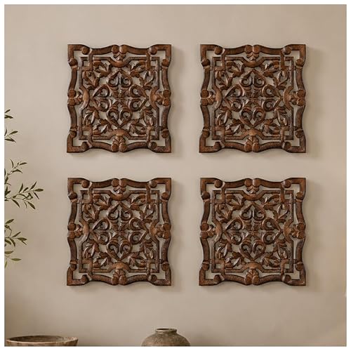 Woodify Hand-Carved Wooden Wall Décor – Set of 4, 12"