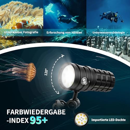 Sursnong SR 10000 Lumens Tauchlampe - Professionelle Unterwasser-Videoleuchte mit 95 CRI, 6500K Weißes Licht, USB-C Aufladbar, für Tauchen/Unterwasserfotografie (IP68 Wasserdicht, 120m Tiefe)